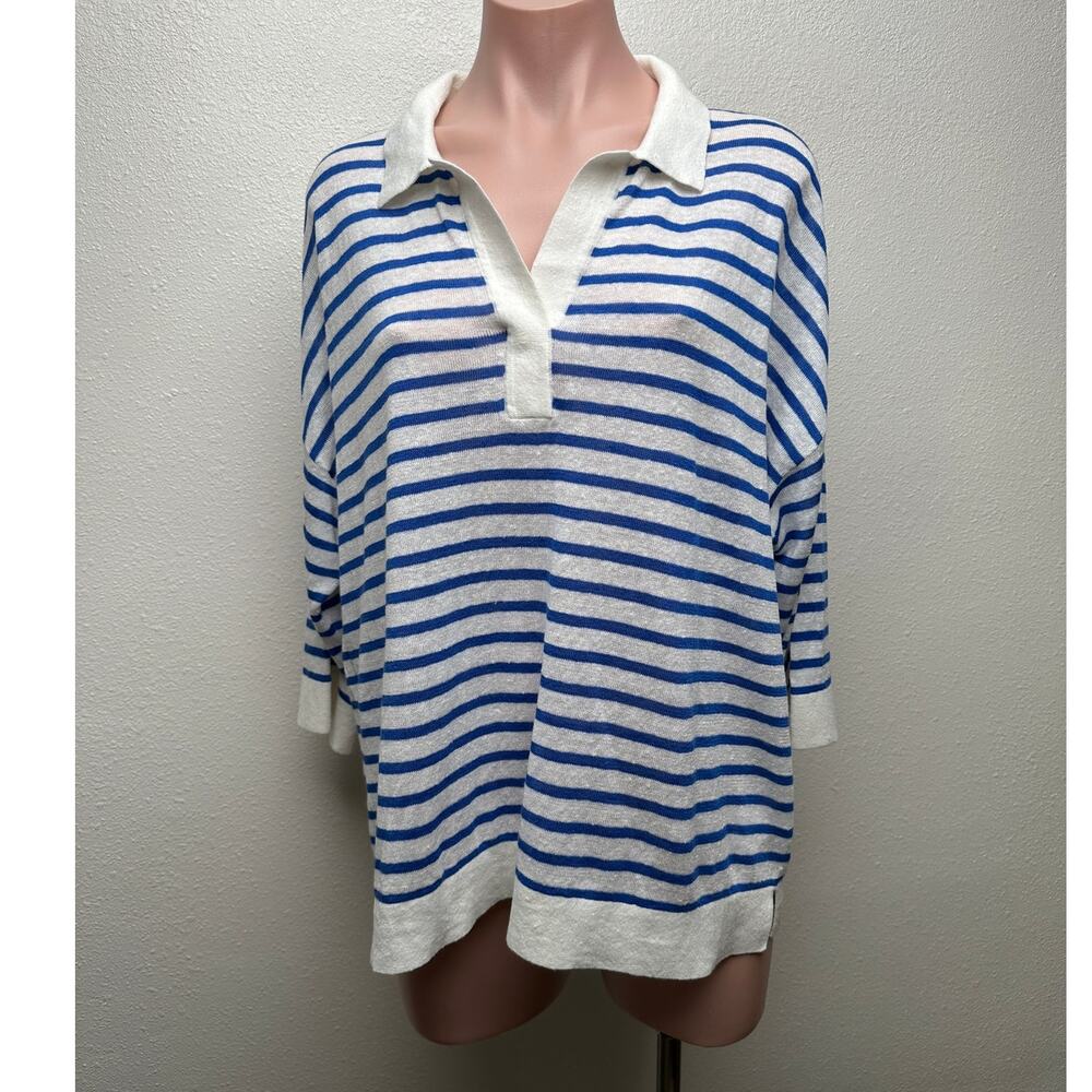 Poetry Ivory Blue Striped Linen Knit Collared V-Neck Boxy Sweater US 12